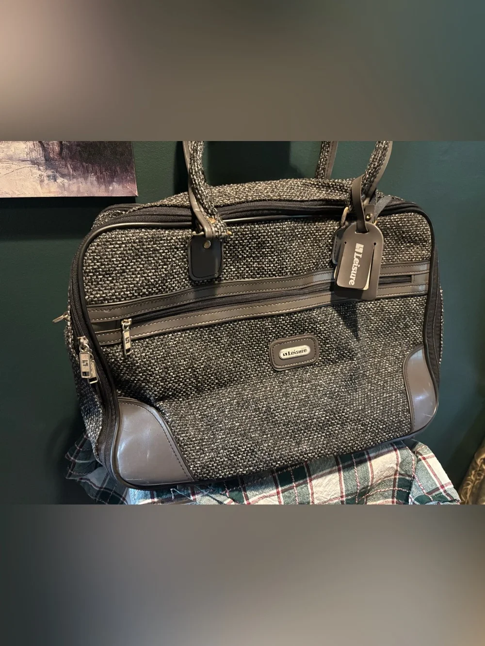 Vintage Leisure Luggage Gray Tweed Travel Tote